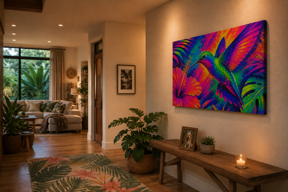 Vibrant Hummingbird Tropical Canvas Art - Neon Floral Stretched Print