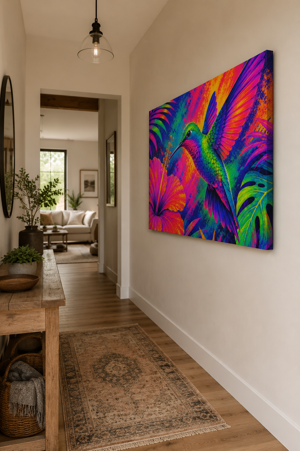Colorful abstract painting on a wall in a home interior.