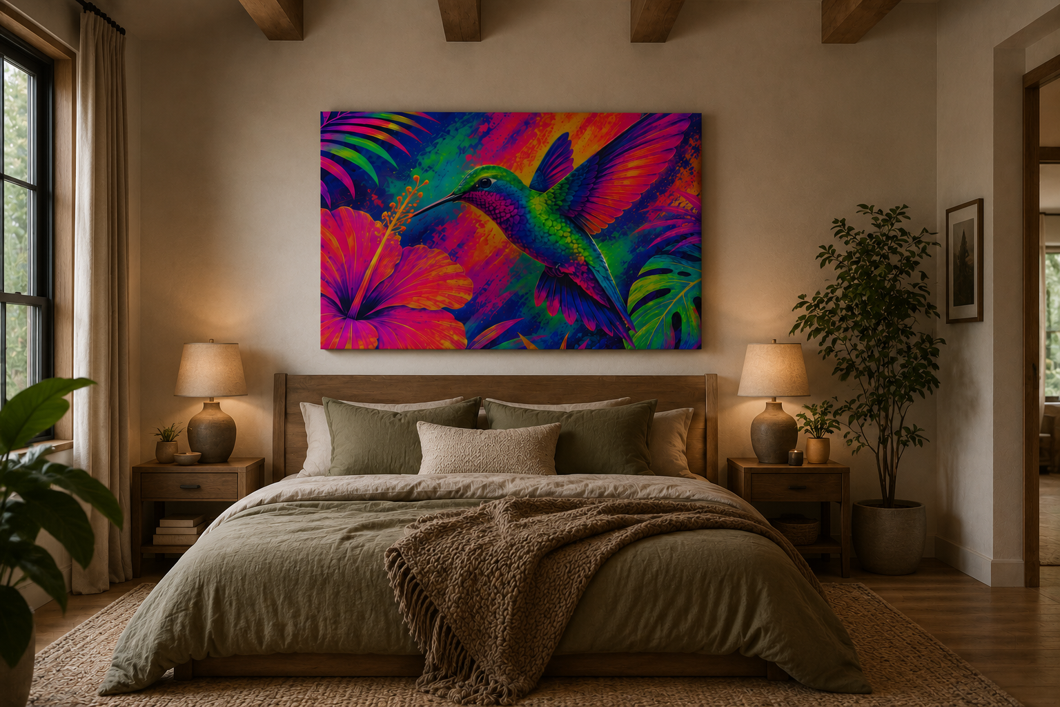 Colorful floral painting above a bed in a bedroom with warm lighting.