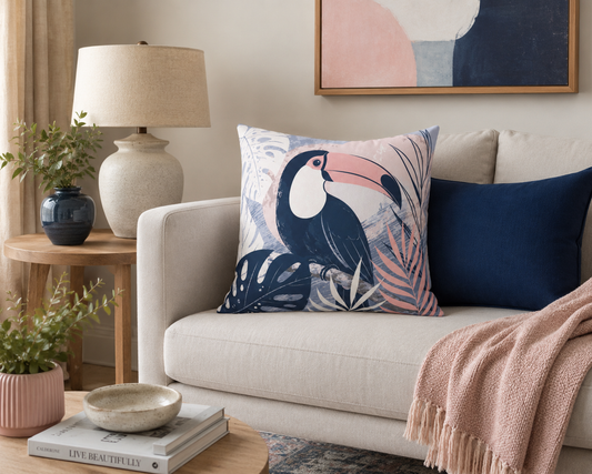 Decorative pillow with a toucan design on a beige sofa in a living room setting.