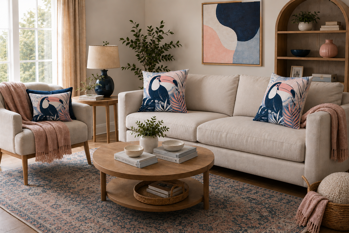 Cozy living room with beige sofa, armchair, and wooden coffee table.