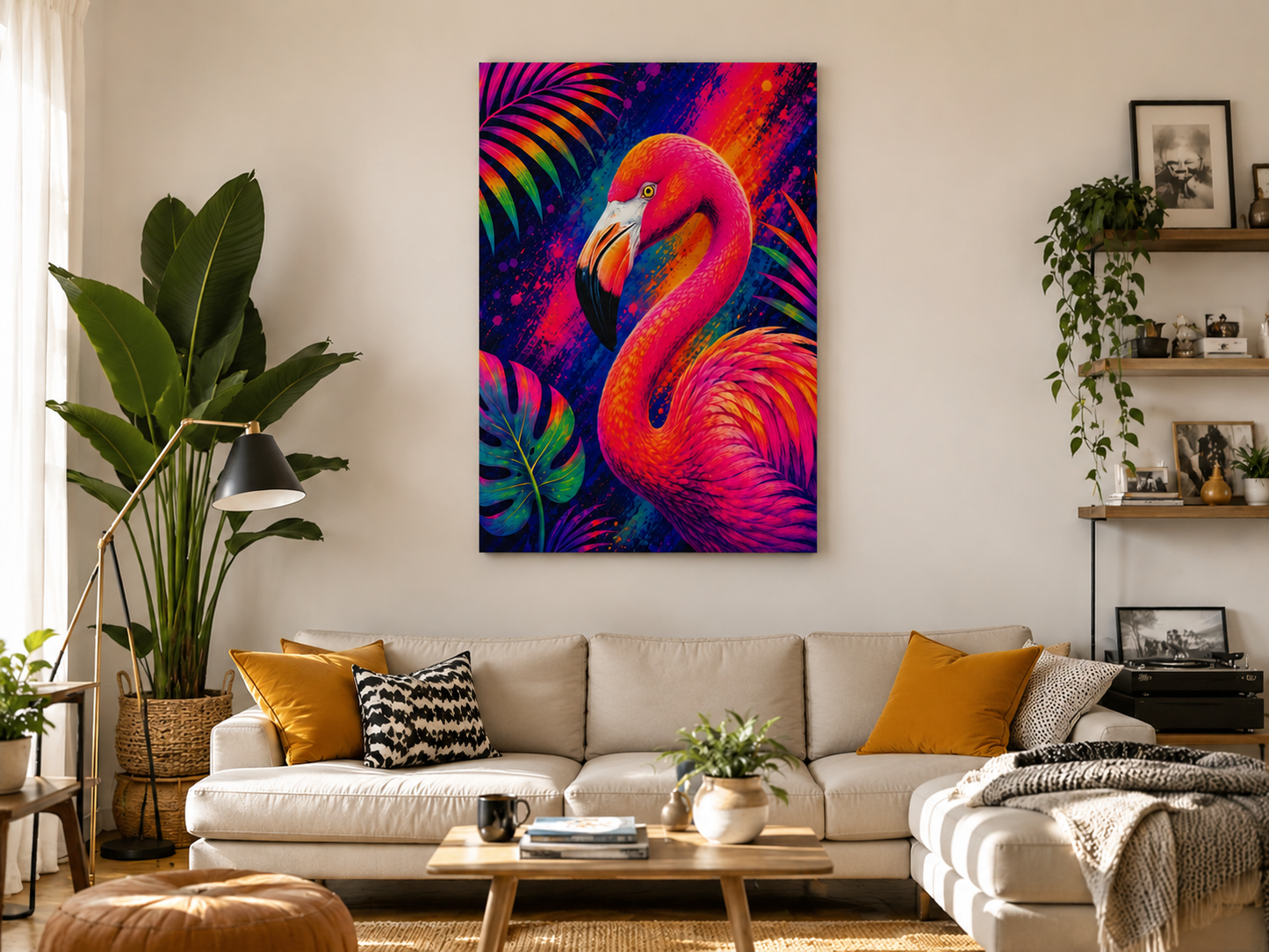 Vibrant Neon Flamingo Canvas Print - Tropical Wall Art