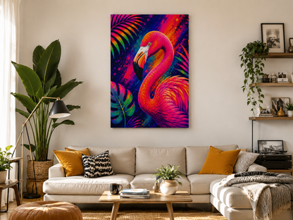 Vibrant Neon Flamingo Canvas Print - Tropical Wall Art