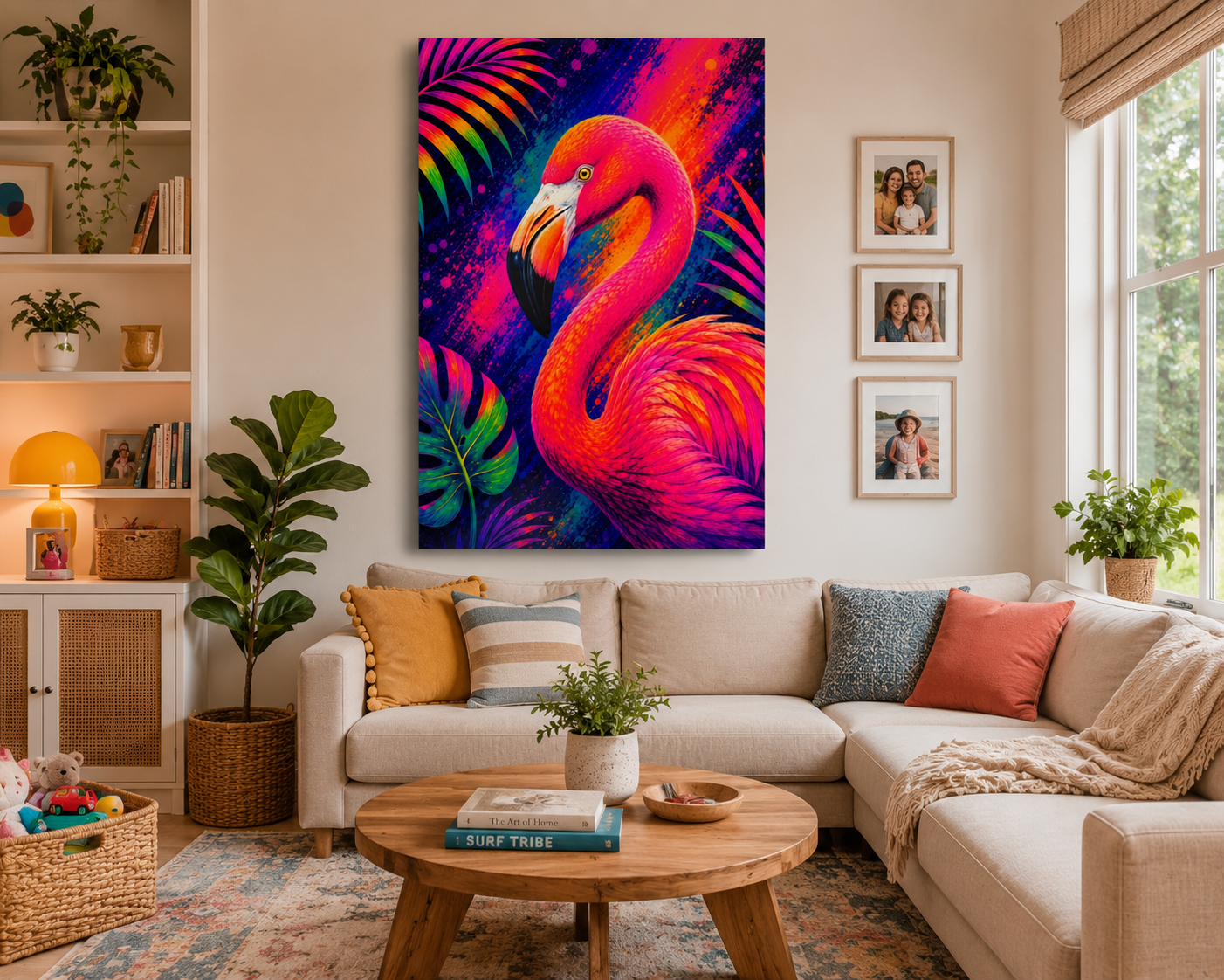 Vibrant Neon Flamingo Canvas Print - Tropical Wall Art