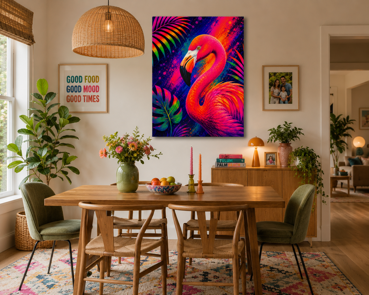 Vibrant Neon Flamingo Canvas Print - Tropical Wall Art