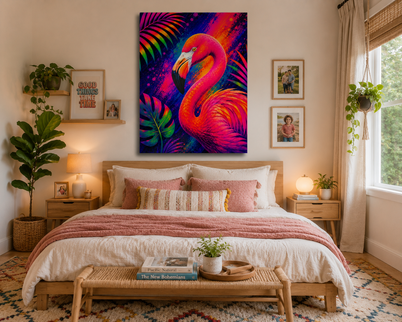 Vibrant Neon Flamingo Canvas Print - Tropical Wall Art