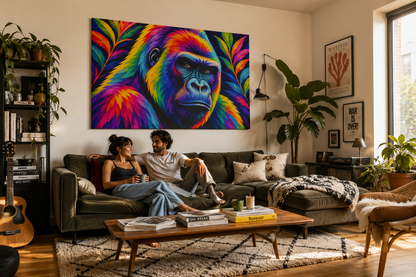 Living room with a colorful gorilla painting on the wall, a couple sitting on a couch, and various decor items.