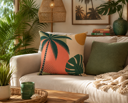 Tropical Palm Faux Suede Pillow — Retro Sunset Palm Tree Decorative Throw Pillow