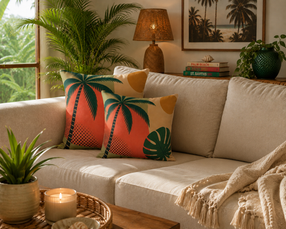 Tropical Palm Faux Suede Pillow — Retro Sunset Palm Tree Decorative Throw Pillow