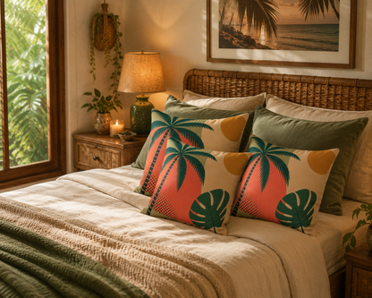 Tropical Palm Faux Suede Pillow — Retro Sunset Palm Tree Decorative Throw Pillow
