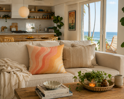 Retro Sunset Wave Pillow — Boho Peach Abstract Throw Pillow