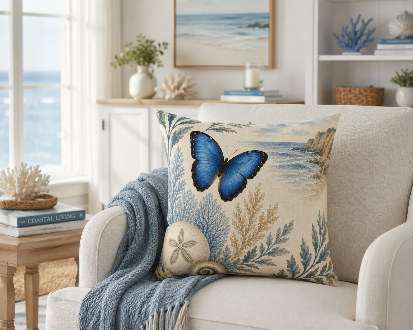 Coastal Blue Butterfly Throw Pillow — Seashell & Coral Accent Cushion