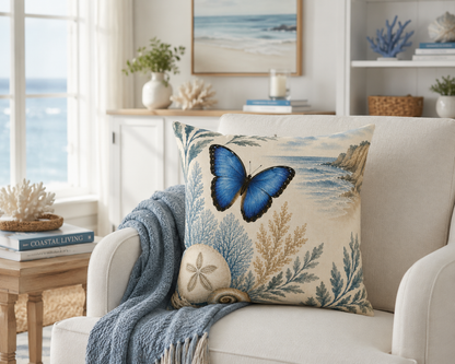 Coastal Blue Butterfly Throw Pillow — Seashell & Coral Accent Cushion