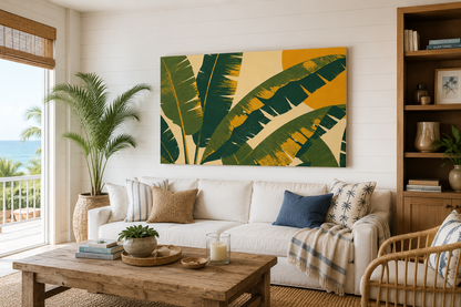 Living room with a tropical leaf painting, white sofa, and wooden coffee table.