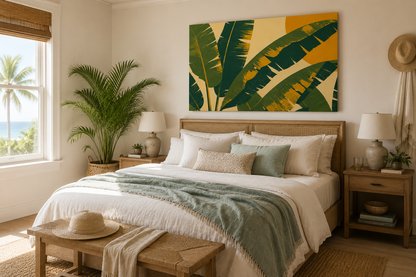 Bedroom with a large bed, artwork of banana leaves, and a view of the ocean.