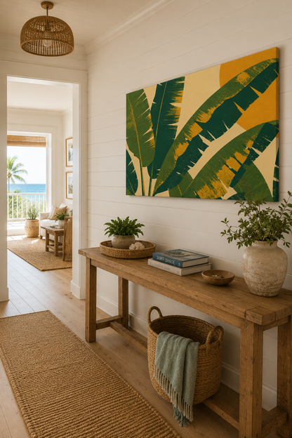 Nautical-themed room with a wooden bench, plants, and a large abstract painting of banana leaves.