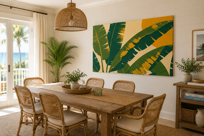 Dining room with wooden table and chairs, decorative wall art, and plants.