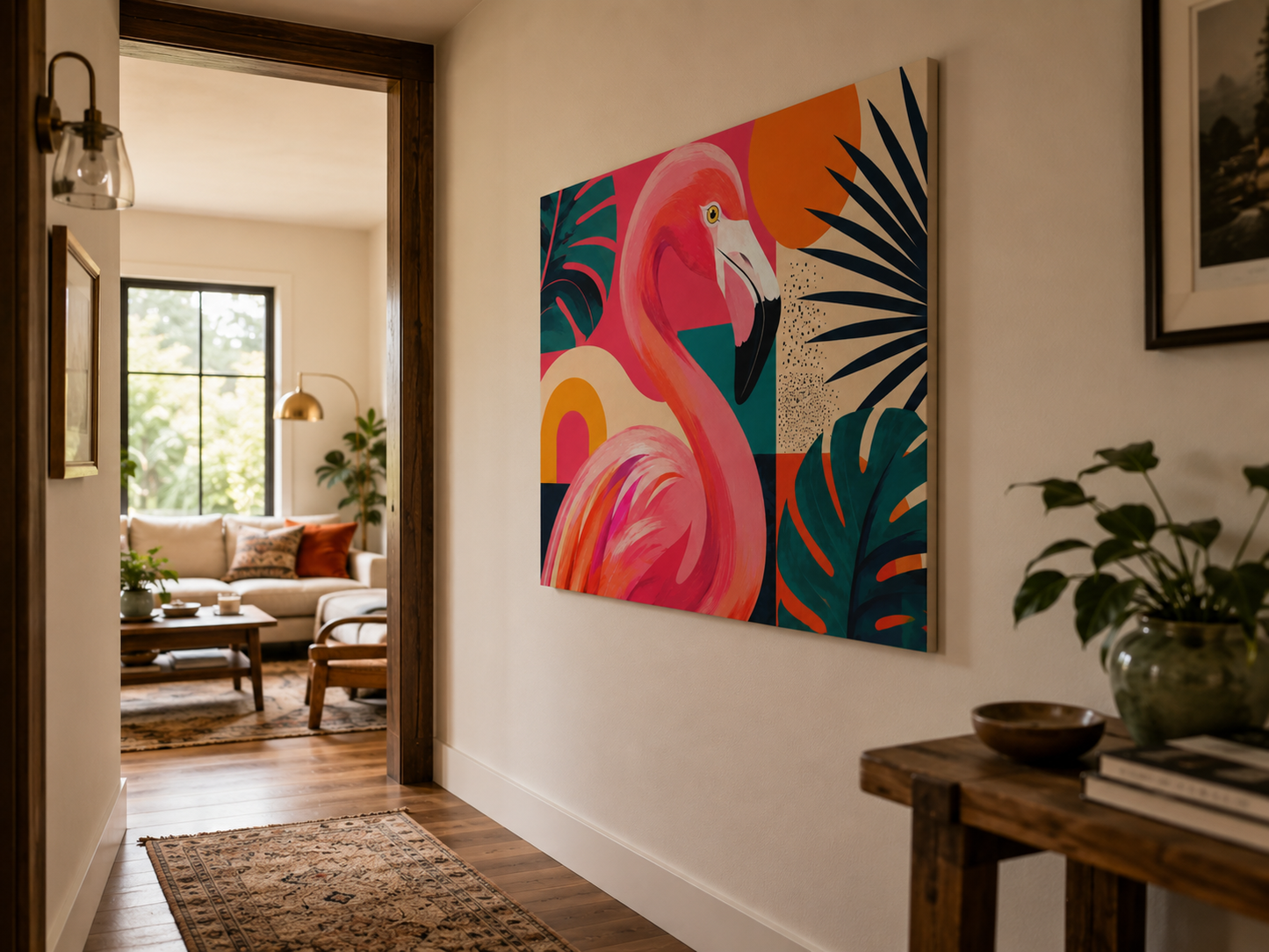 Tropical Flamingo Canvas Art - Colorful Palm Wall Decor, Matte Stretched Print