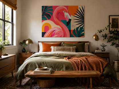 Cozy bedroom with a colorful flamingo wall art.