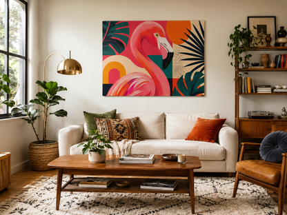 Living room with a colorful flamingo canvas print on the wall, white sofa with decorative pillows, and a wooden coffee table.