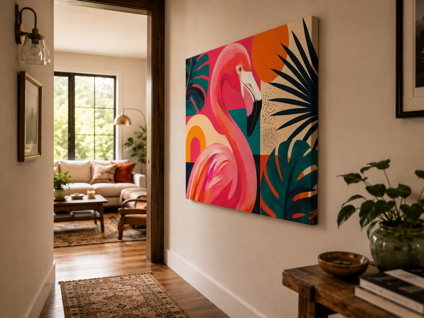 Colorful flamingo canvas print on a wall in a hallway