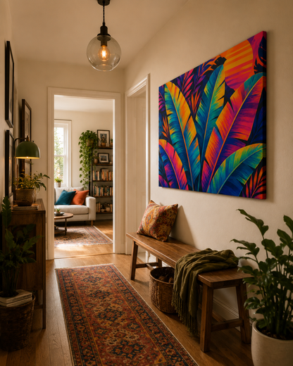 Colorful banana leaf plant on a wall in a home interior with a bench and rug.