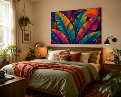 Bedroom with a colorful banana leaf canvas print on the wall