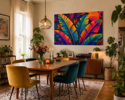 Dining room with a colorful abstract canvas print on the wall, wooden table, and chairs.