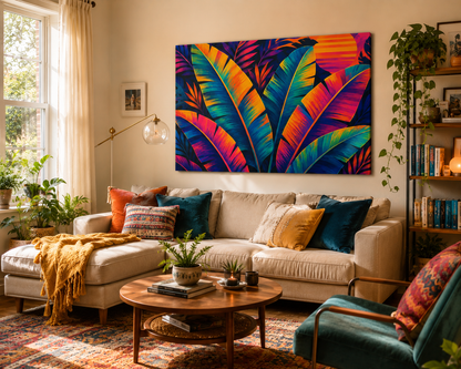 Living room with a colorful abstract painting of banana leaves on the wall