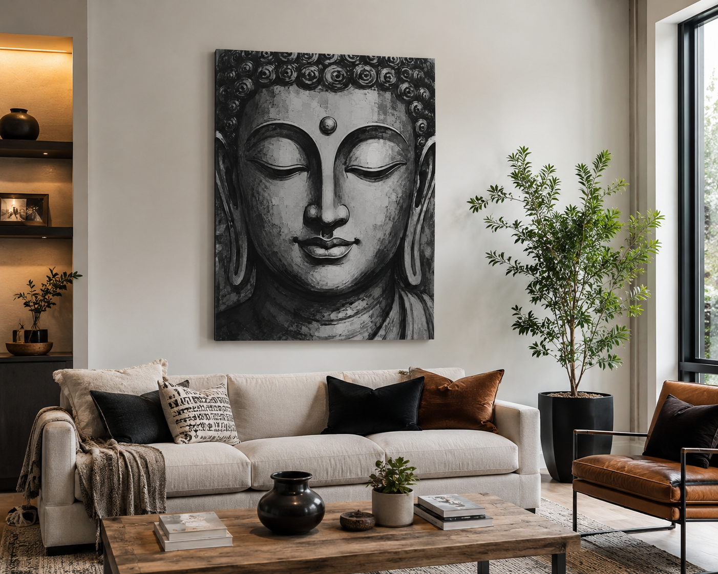 Living room with a large Buddha portrait on the wall, a white sofa, and a wooden coffee table.