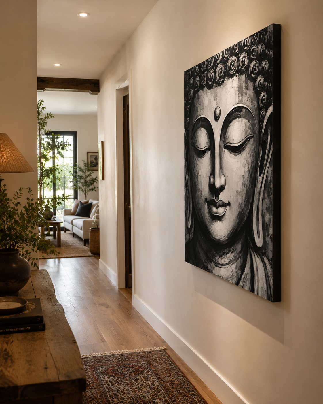 Hallway with a Buddha artwork on the wall, leading to a living room.