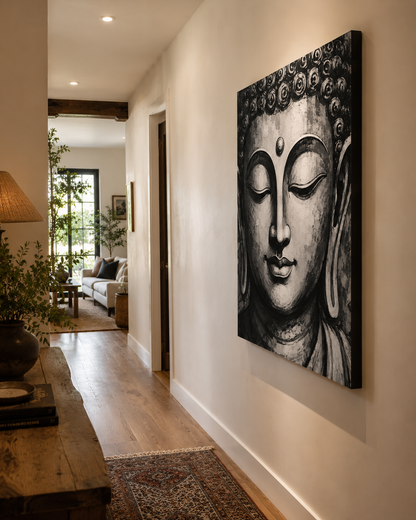 Hallway with a Buddha artwork on the wall, leading to a living room.