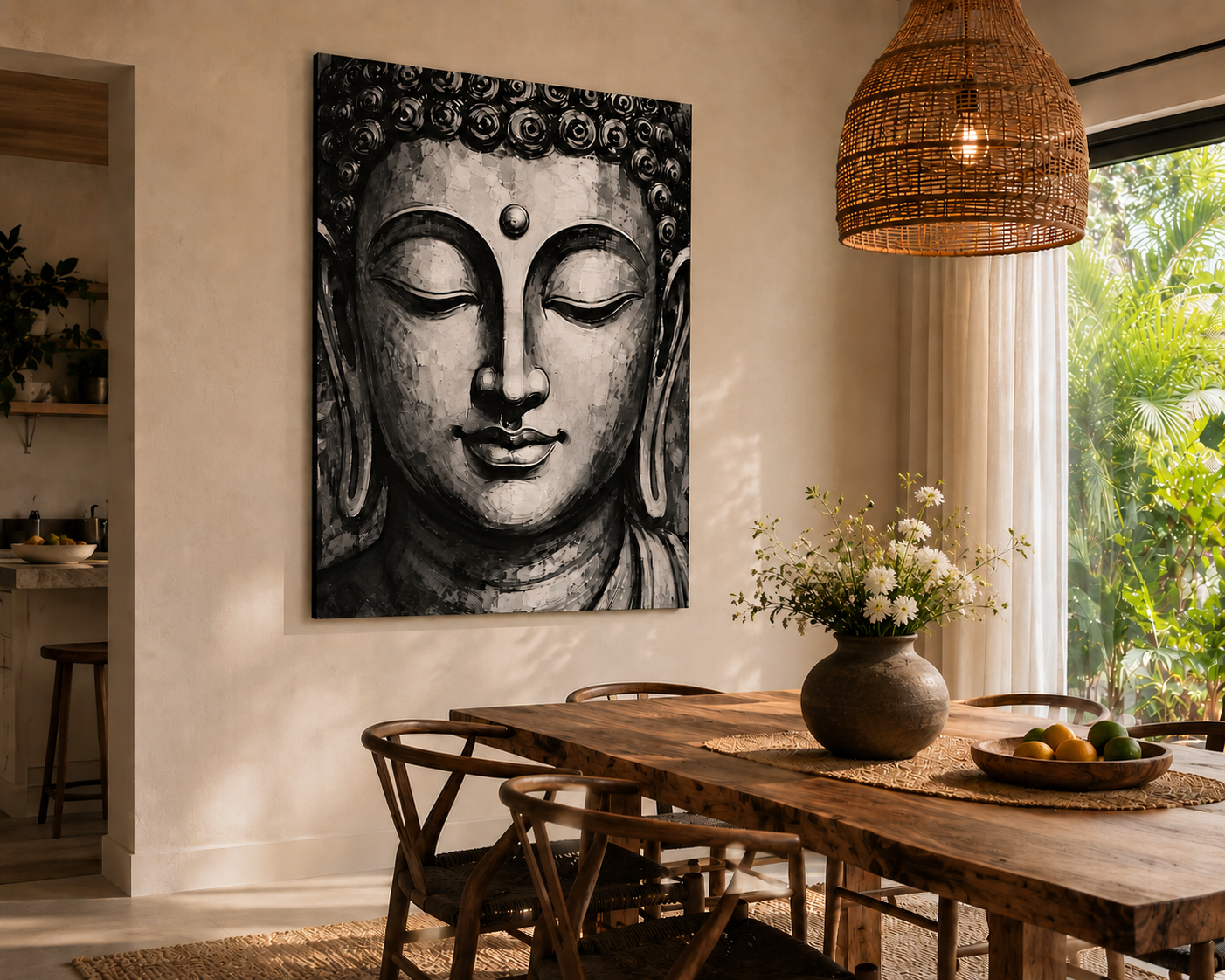 Dining room with Buddha artwork on the wall and a wooden table with a vase and fruit.