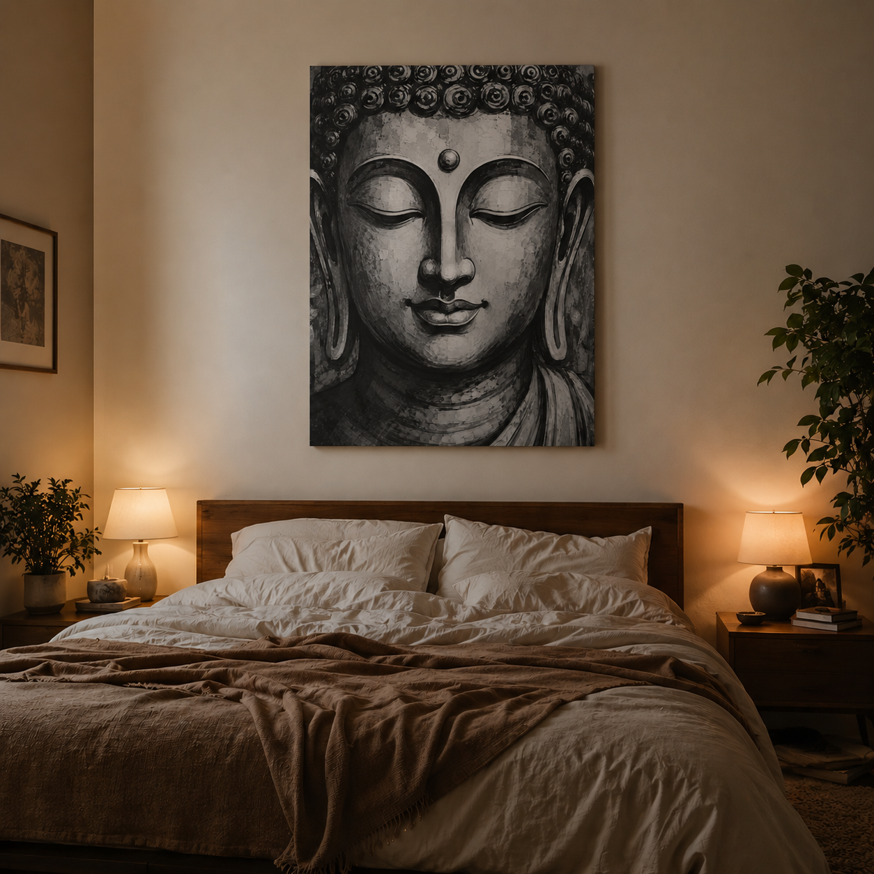 Bedroom with a large Buddha head painting on the wall, two lamps, and plants.