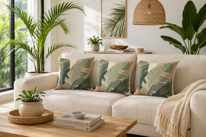 Tropical Banana Leaf Faux Suede Pillow - Botanical Green Square Throw Pillow