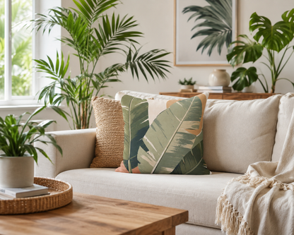Tropical Banana Leaf Faux Suede Pillow - Botanical Green Square Throw Pillow