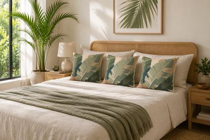 Tropical Banana Leaf Faux Suede Pillow - Botanical Green Square Throw Pillow