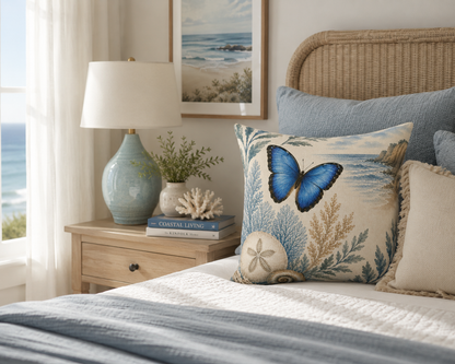Coastal Blue Butterfly Pillow - Faux Suede Square Decorative Throw Pillow