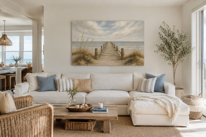Cozy living room with a white sofa, wicker chair, and beach-themed artwork.