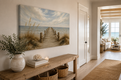 Nautical-themed wall art in a home interior with a wooden bench and decor.