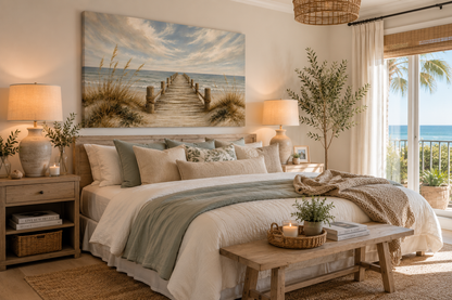 Cozy bedroom with beach-themed decor, including a painting of a beach scene and ocean view.