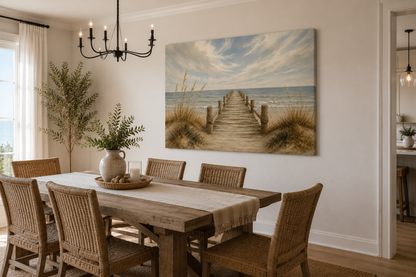 Dining room with wooden table and chairs, decorative painting on the wall, and a chandelier.