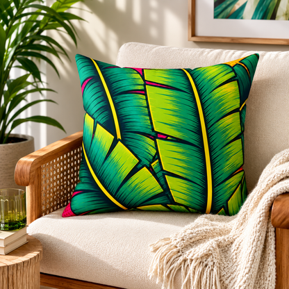 Colorful leaf-patterned pillow on a beige sofa with a plant and side table in the background.