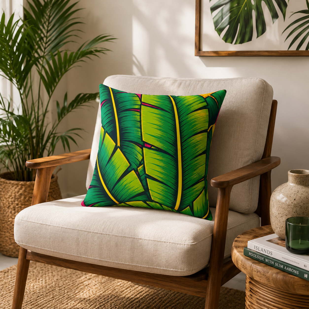 Tropical Banana Leaf Throw Pillow — Bright Green Botanical Accent Cushion