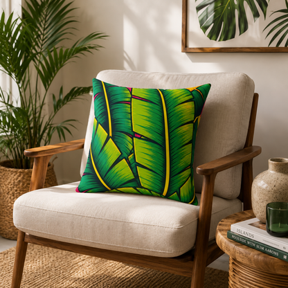 Decorative pillow with leaf pattern on a beige armchair in a home setting.