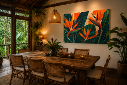 Dining area with wooden table and chairs, tropical painting on the wall, and natural light from windows.