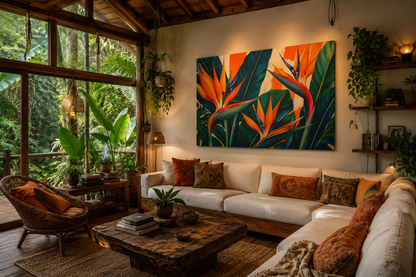 Living room with a large tropical birds of paradise canvas on the wall, surrounded by plants and a view of the outdoors.