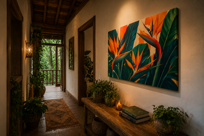  hallway with a large tropical birds of paradise plant painting on the wall