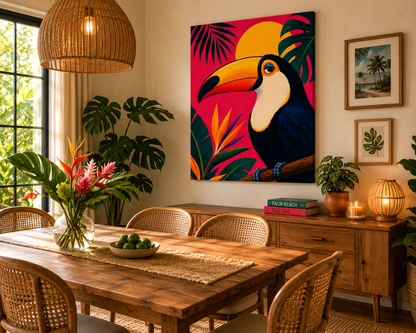 Dining room with a wooden table, chairs, and a colorful toucan painting on the wall.