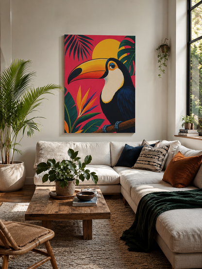 Living room with a colorful toucan painting on the wall, a beige sofa, and decorative plants.